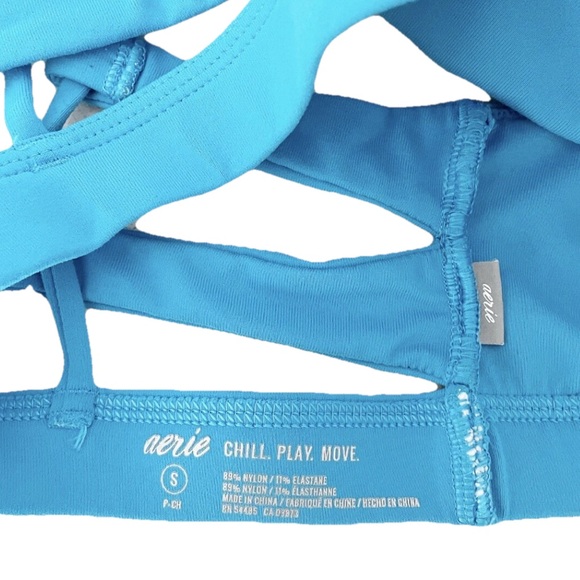 Aerie Sports Bra Small Blue “FEAR LESS” Strappy Back High Neck Activewear - Picture 6 of 6